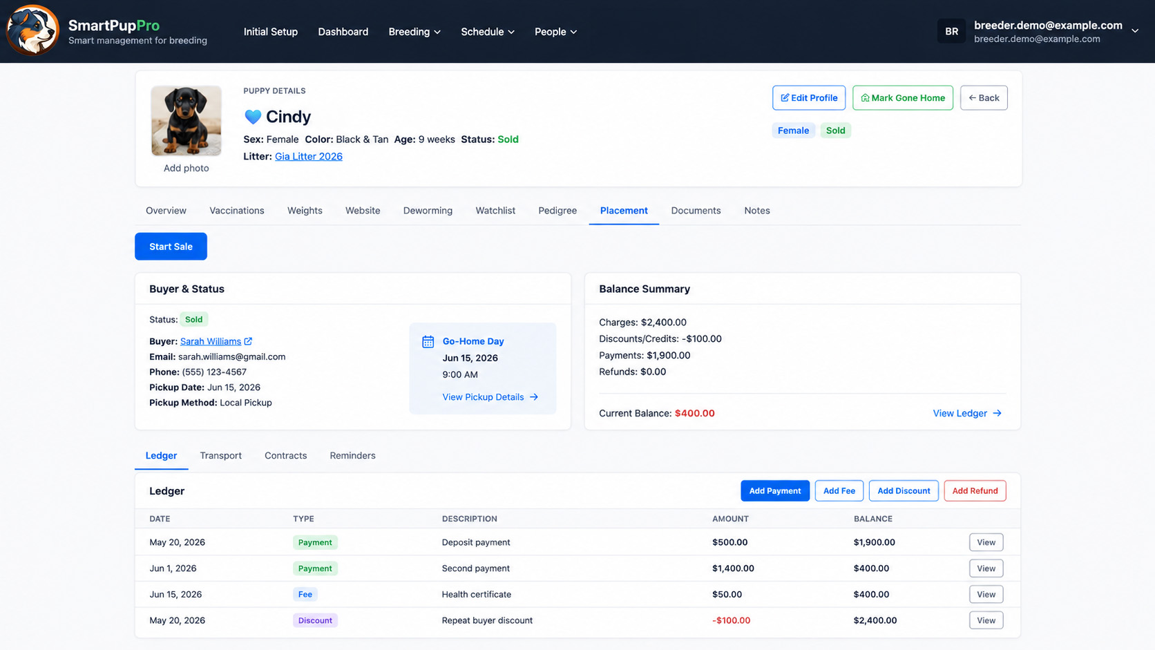 SmartPupPro puppy placement screen showing buyer details, payments, and pickup planning